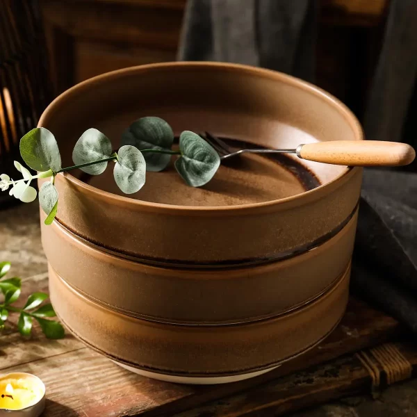 Brown Ceramic Plates and Bowls Wholesale, Bulk Dinnerware Sets (4)