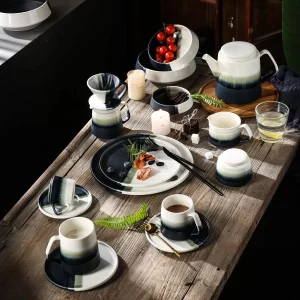 Double Stripe Wholesale Tea Sets, Coffee Drip Cup with Plates and Bowls (1)