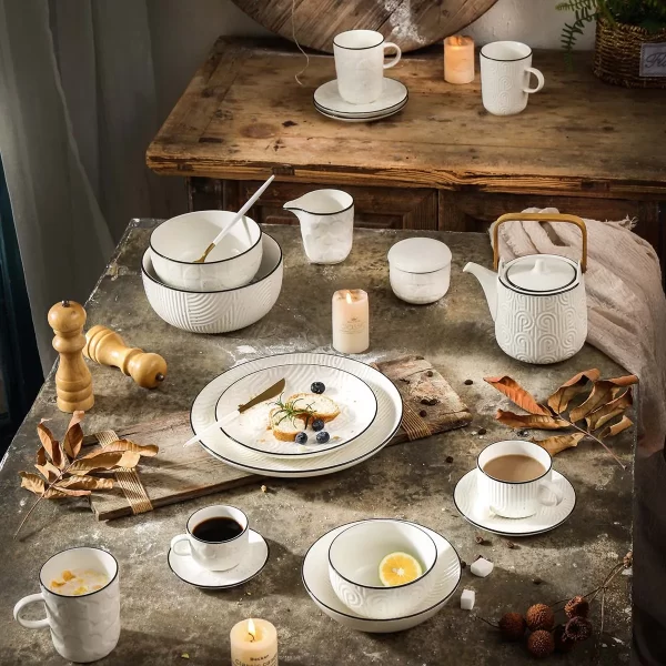 Conjunto de jantar em porcelana branca a granel com requintado padrão em relevo (1)