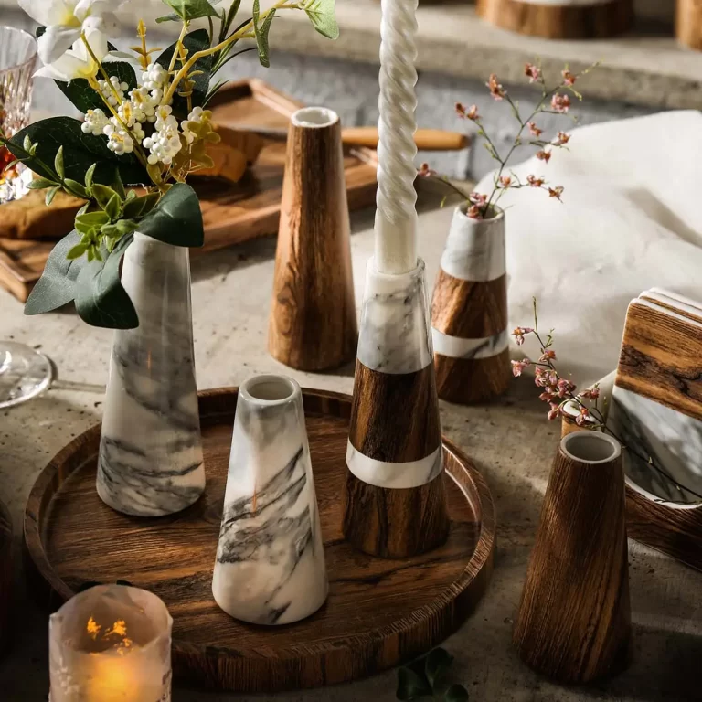 Ceramic Candle Holders Bulk With Marble and Wooden Pattern (2)