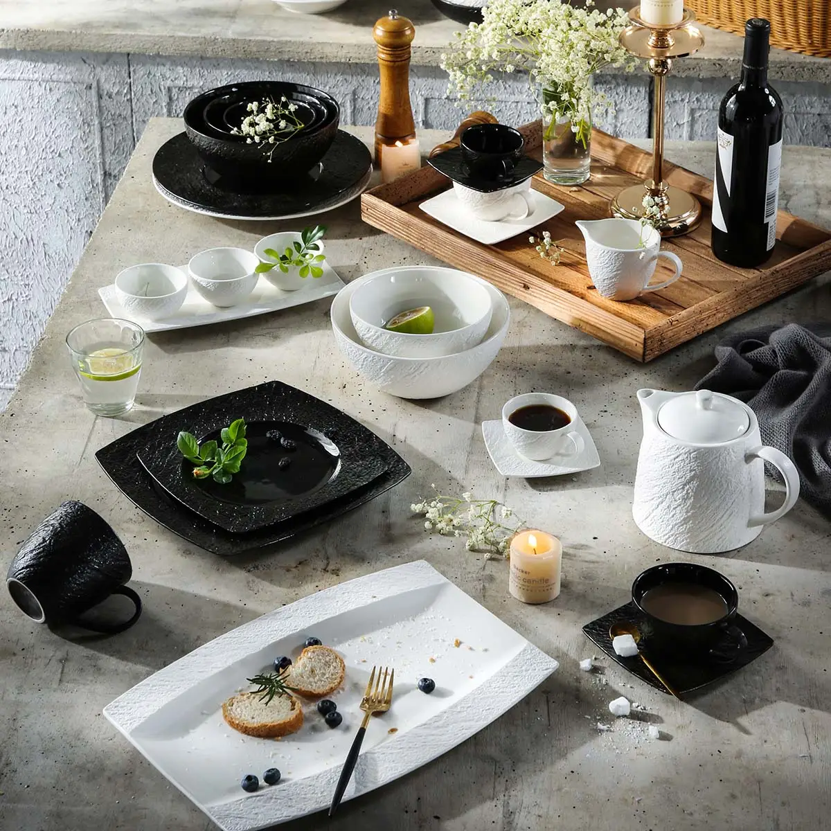 Matte Black & White Bulk Plates And Bowls, Teapots and Cups (1)