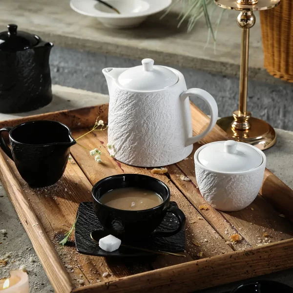 Matte Black & White Bulk Plates And Bowls, Teapots and Cups (4)