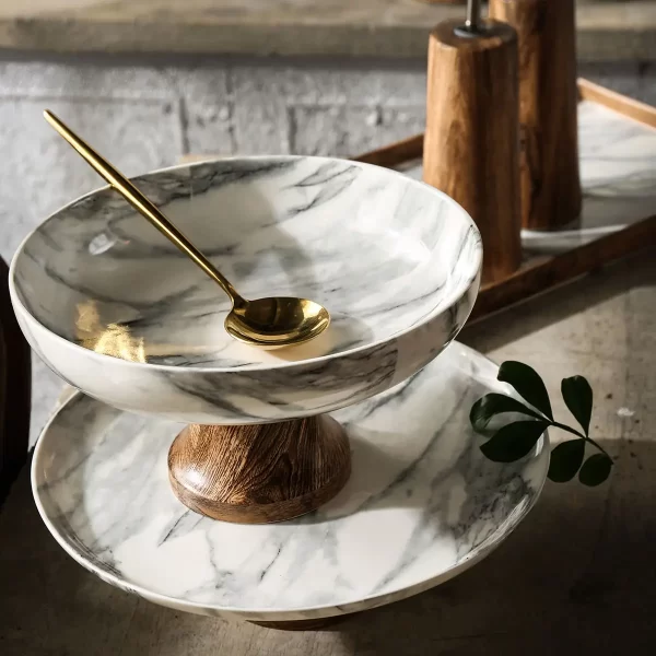 Wholesale Crockery For Restaurant, Bulk Porcelain Dinnerware With Wood and Marble Color (4)