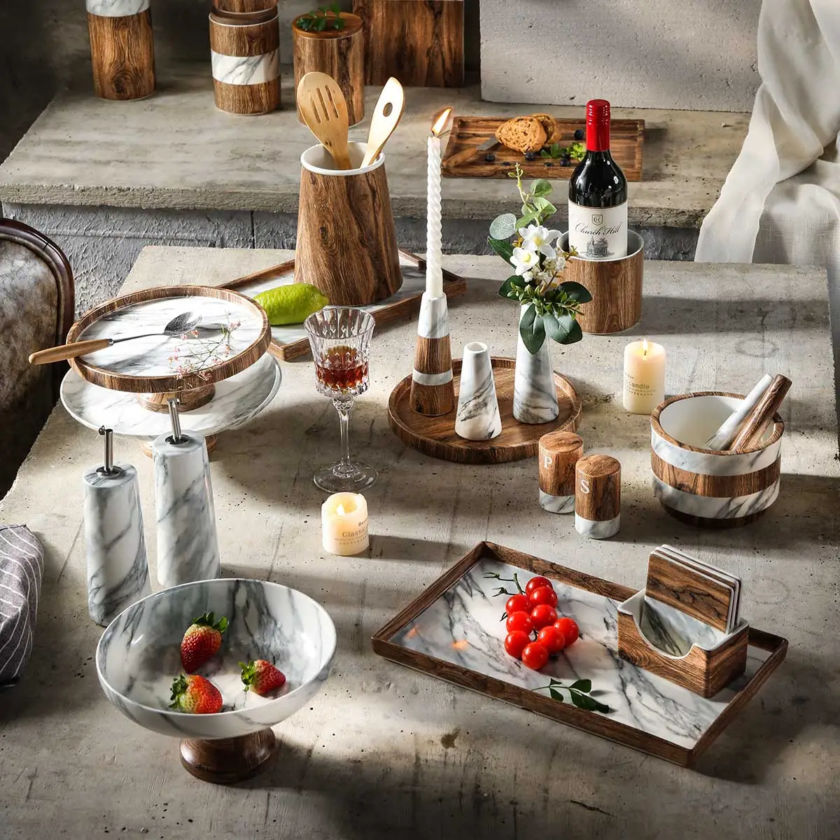 Wholesale Crockery For Restaurant, Bulk Porcelain Dinnerware With Wood and Marble Color (8)