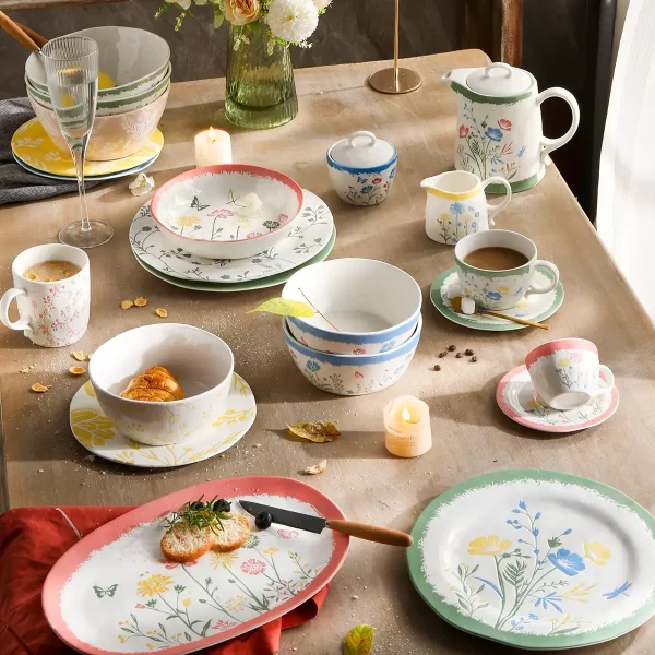 Conjunto de jantar de cerâmica floral por atacado, pratos a granel, tigelas, conjuntos de chá-11