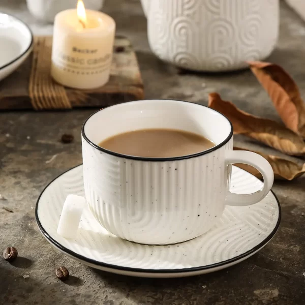 Black Rim White Tea Set Bulk, Wholesale Tea Cups and Saucers-2