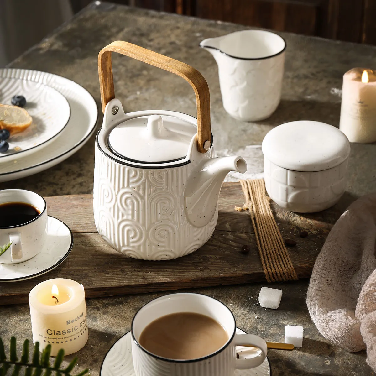 Black Rim White Tea Set Bulk, Wholesale Tea Cups and Saucers-4