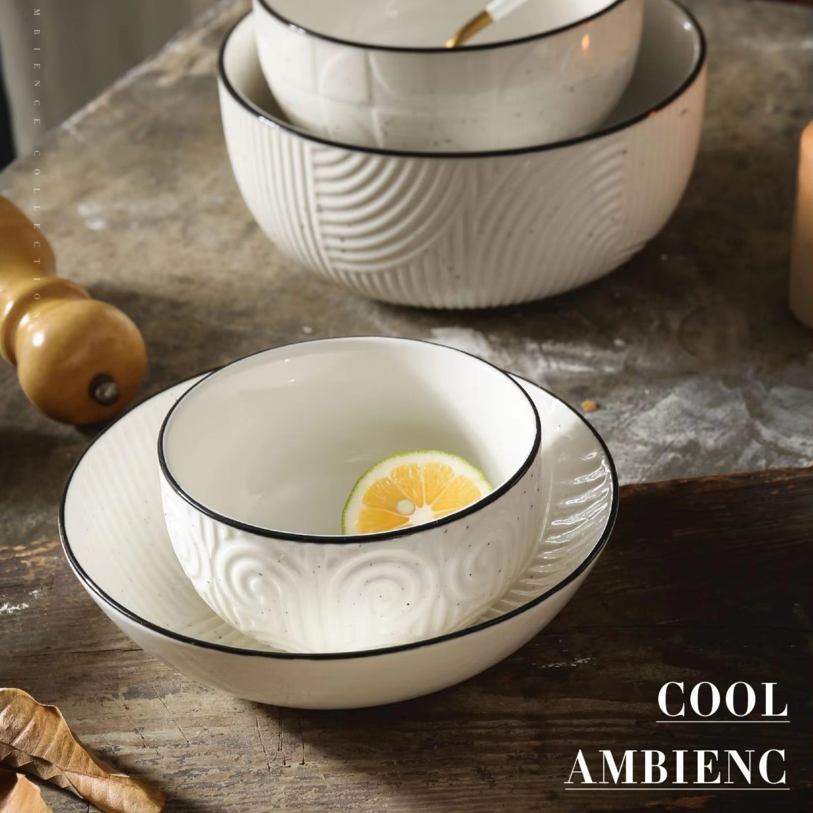 Black Rim Wholesale Serving Bowls, Delicate White Bowls Bulk-1