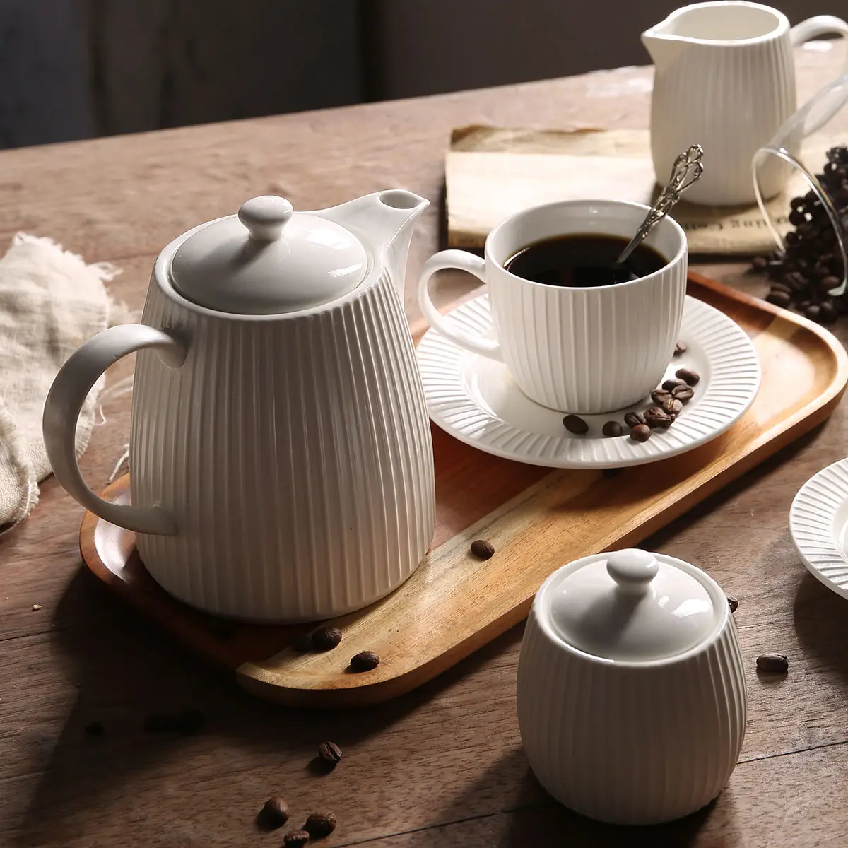 Fine China Bulk Tea Sets, White Tea Cup Saucer, Tea Pot, Creamer-3