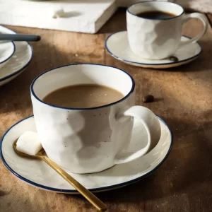 Stone Texture White Coffee Mugs Bulk With Black & Blue Rim-2