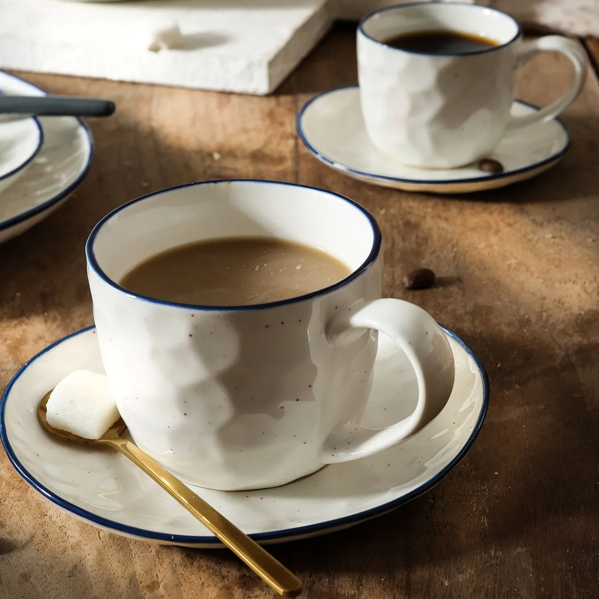Stone Texture White Coffee Mugs Bulk With Black & Blue Rim-2