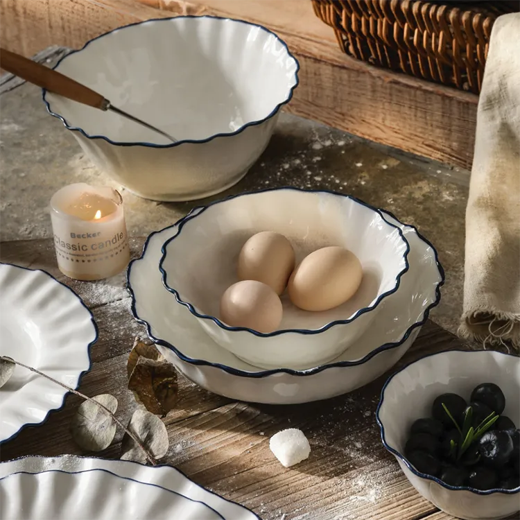 Wavy Edge Porcelain Bowls Wholesale, Blue Rim Bowls Bulk-3