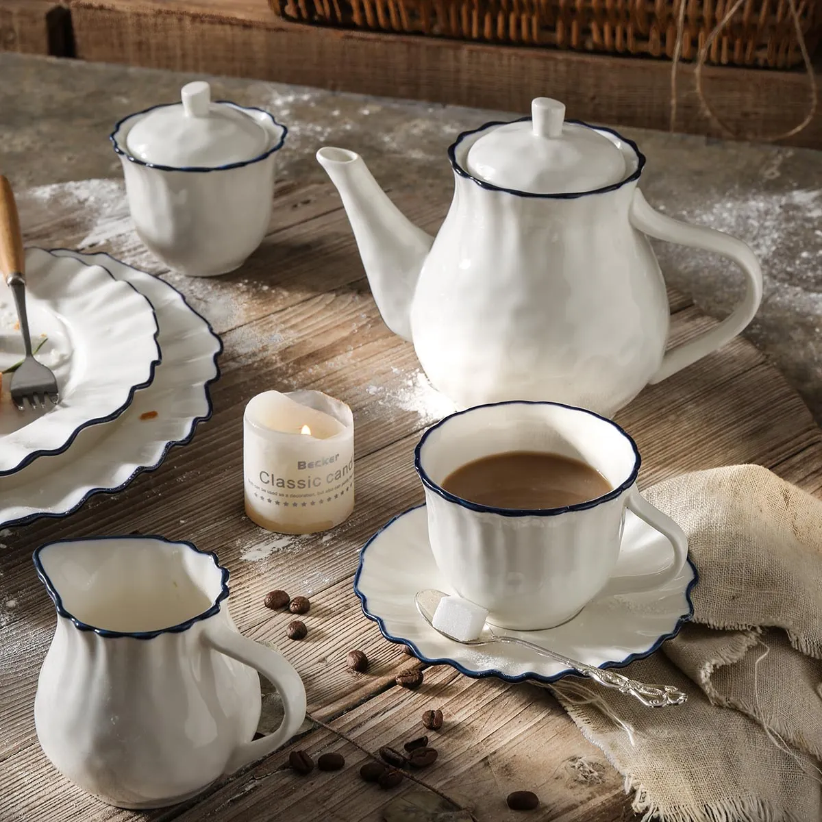 Wavy Edge Wholesale Tea Cup Sets, Blue Rim Teapot & Cup Bulk-3
