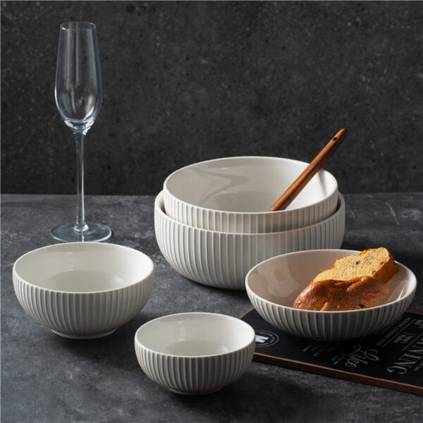 White Ceramic Bowls Wholesale, Stripe Design Bowl Bulk-1