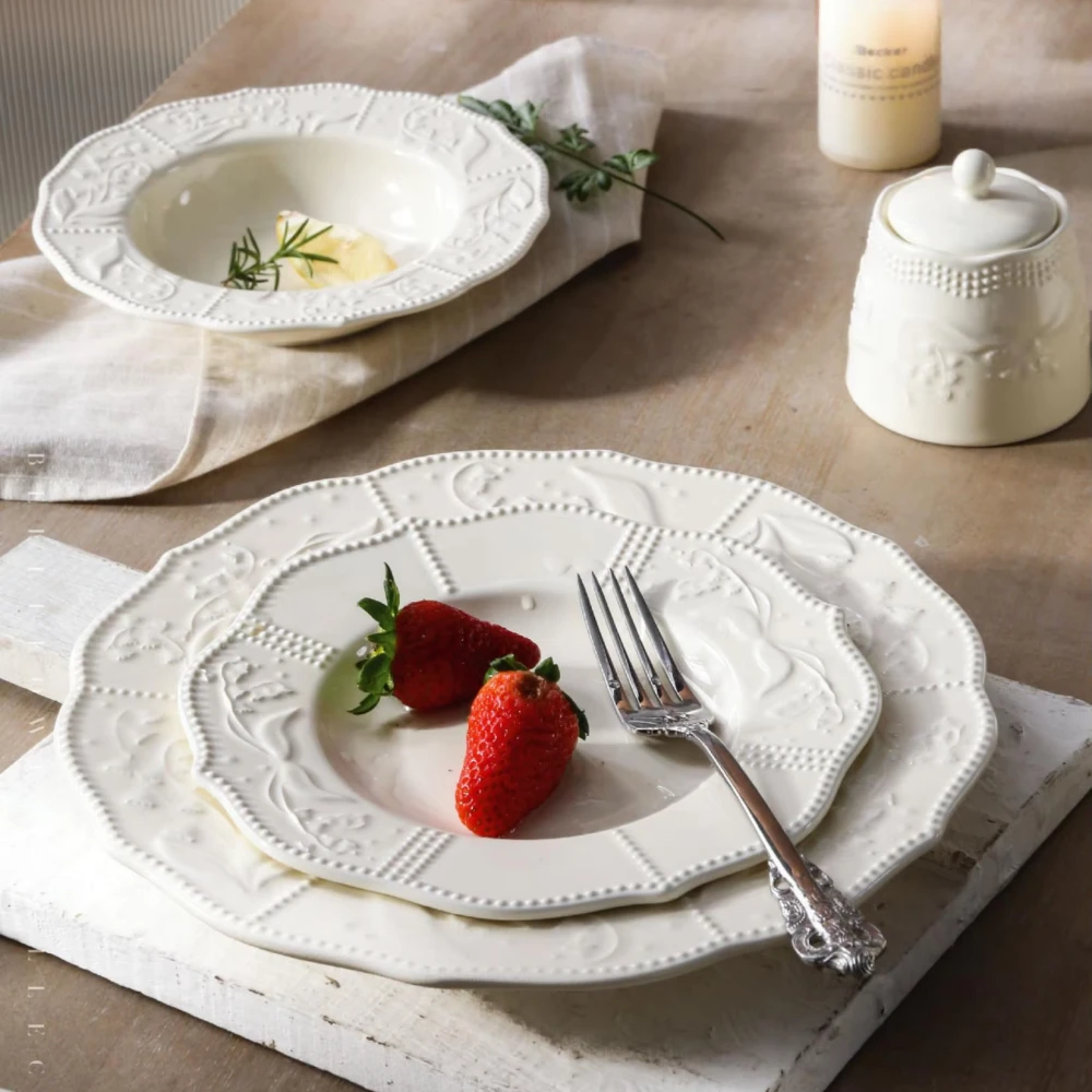 White Dinner Plates Bulk, Embossed Ceramic Plates Wholesale-1