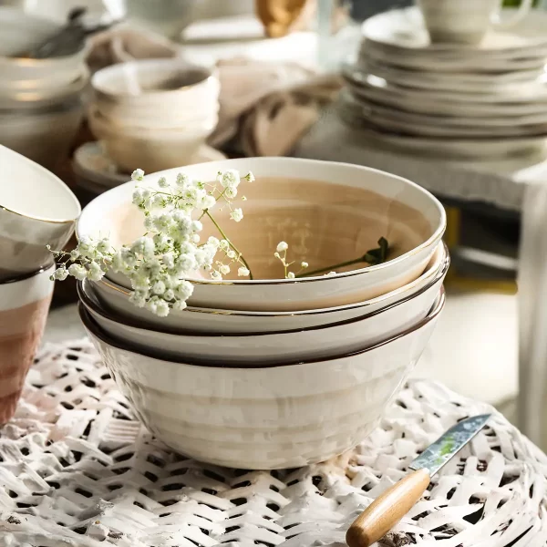 Gold Rim Ceramic Serving Bowls Bulk, Rustic Bowls Wholesale-3