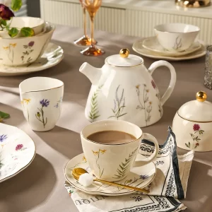 Elegant Wildflower Wholesale Coffee Tea Sets with Gold Rims-1