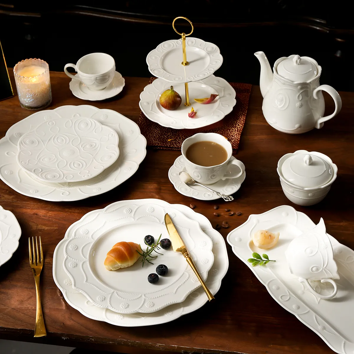 Embossed White Dinnerware Bulk, Elegant Tableware Collection-2