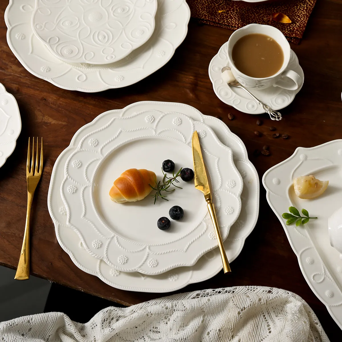 Embossed White Dinnerware Bulk, Elegant Tableware Collection-4