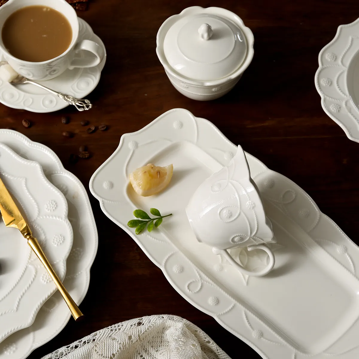 Embossed White Dinnerware Bulk, Elegant Tableware Collection-5
