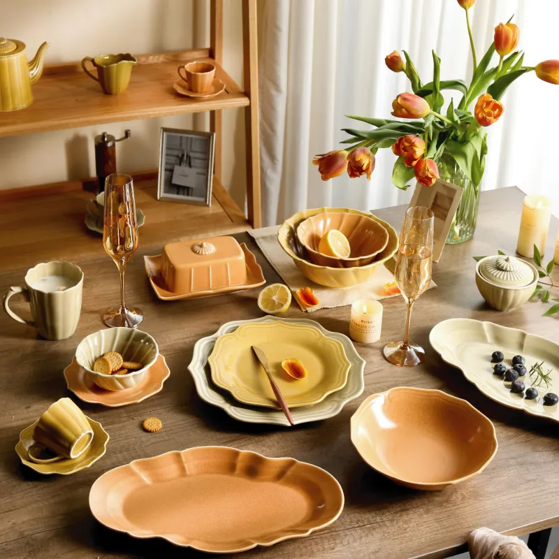 Warm Hue Wholesale Ceramic Crockery Set With Wavy Edges-8