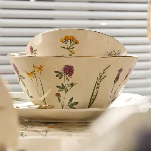 Wildflower Ceramic Serving Bowls Wholesale with Gold Rims-2