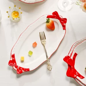 赤とピンクの弓のデザインとかわいい磁器皿卸売-3