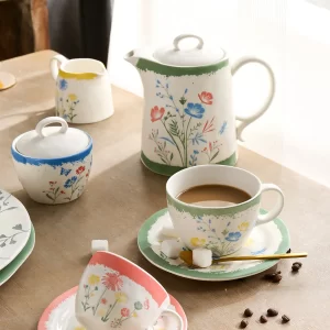 Wholesale Floral Tea Sets, Hand-Painted Ceramic Pot & Cups-1