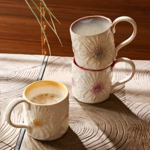 Wholesale Ceramic Mugs, Delicate Floral Embossed Coffee Cups-2